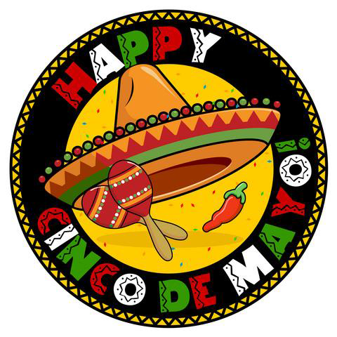 A happy cinco de mayo banner with a sombrero and a chili pepper.