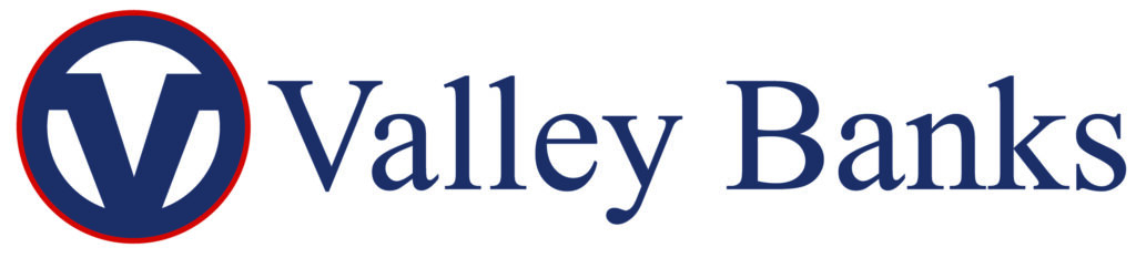 Logo of valley banks with a blue and red color scheme.
